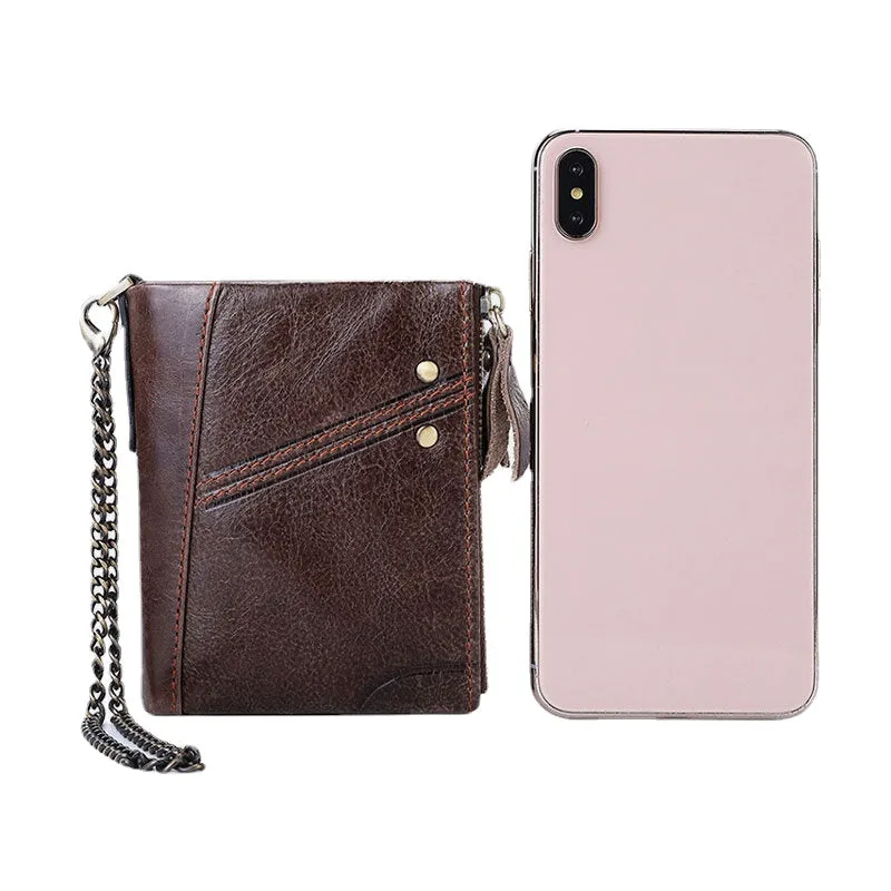 Men Genuine Leather RFID Blocking Anti-theft Retro Business Double Zipper Card Holder Wallet