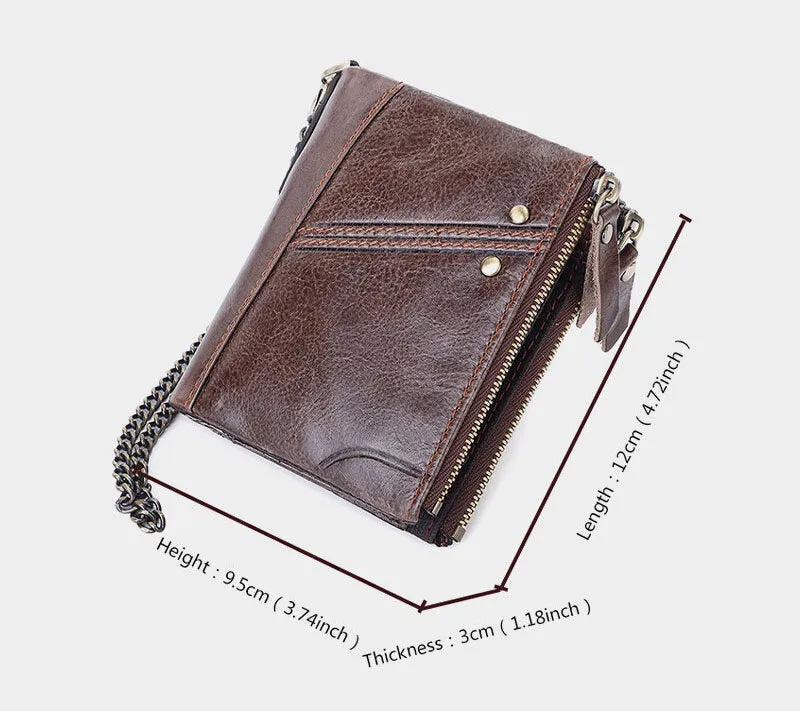 Men Genuine Leather RFID Blocking Anti-theft Retro Business Double Zipper Card Holder Wallet
