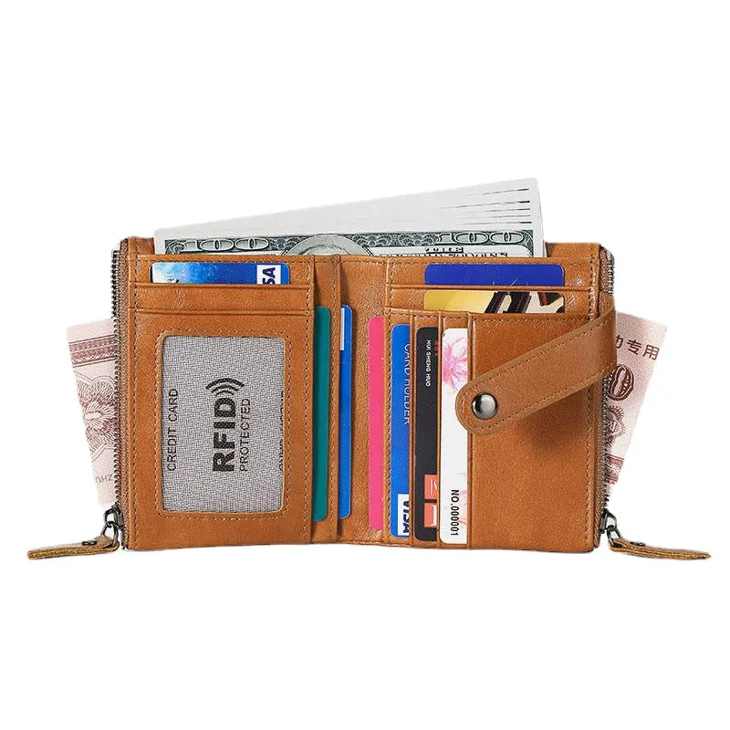 Men Genuine Leather Vintage RFID Blocking Zipper Coin Wallet