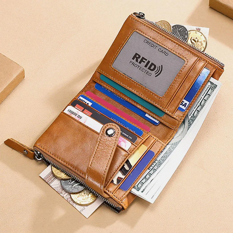 Men Genuine Leather Vintage RFID Blocking Zipper Coin Wallet
