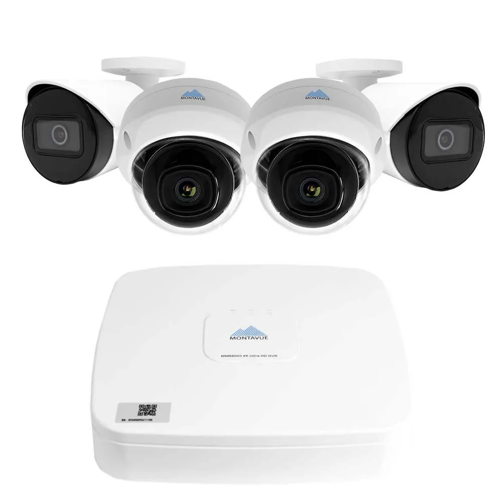 Montavue 4 Channel Security System w/ 2 4MP Vandal Dome Cameras & 2 4MP Bullet cameras