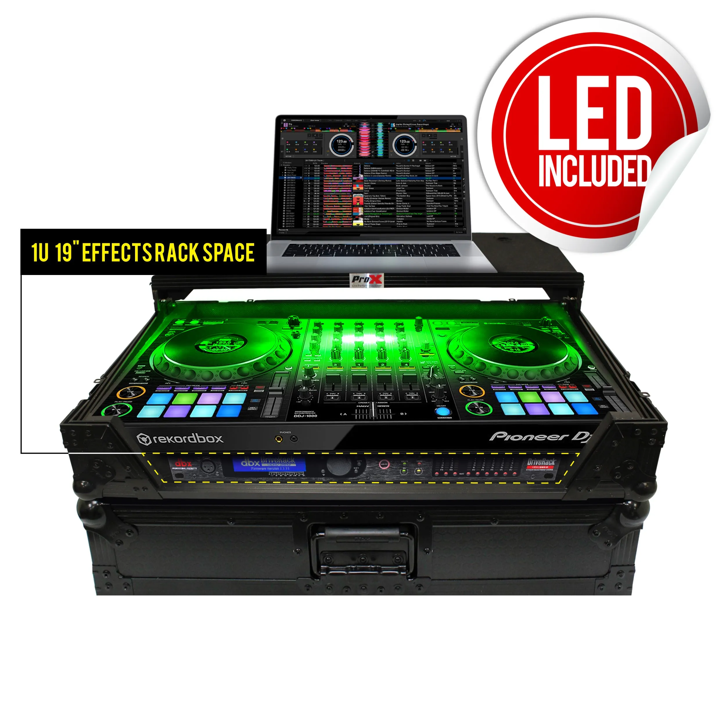 ProX XS-DDJ1000 WLTBL LED ATA Flight Case for Pioneer DDJ-1000 FLX6 SX3 DJ Controller with Laptop Shelf 1U Rack Space Wheels and LED - Black
