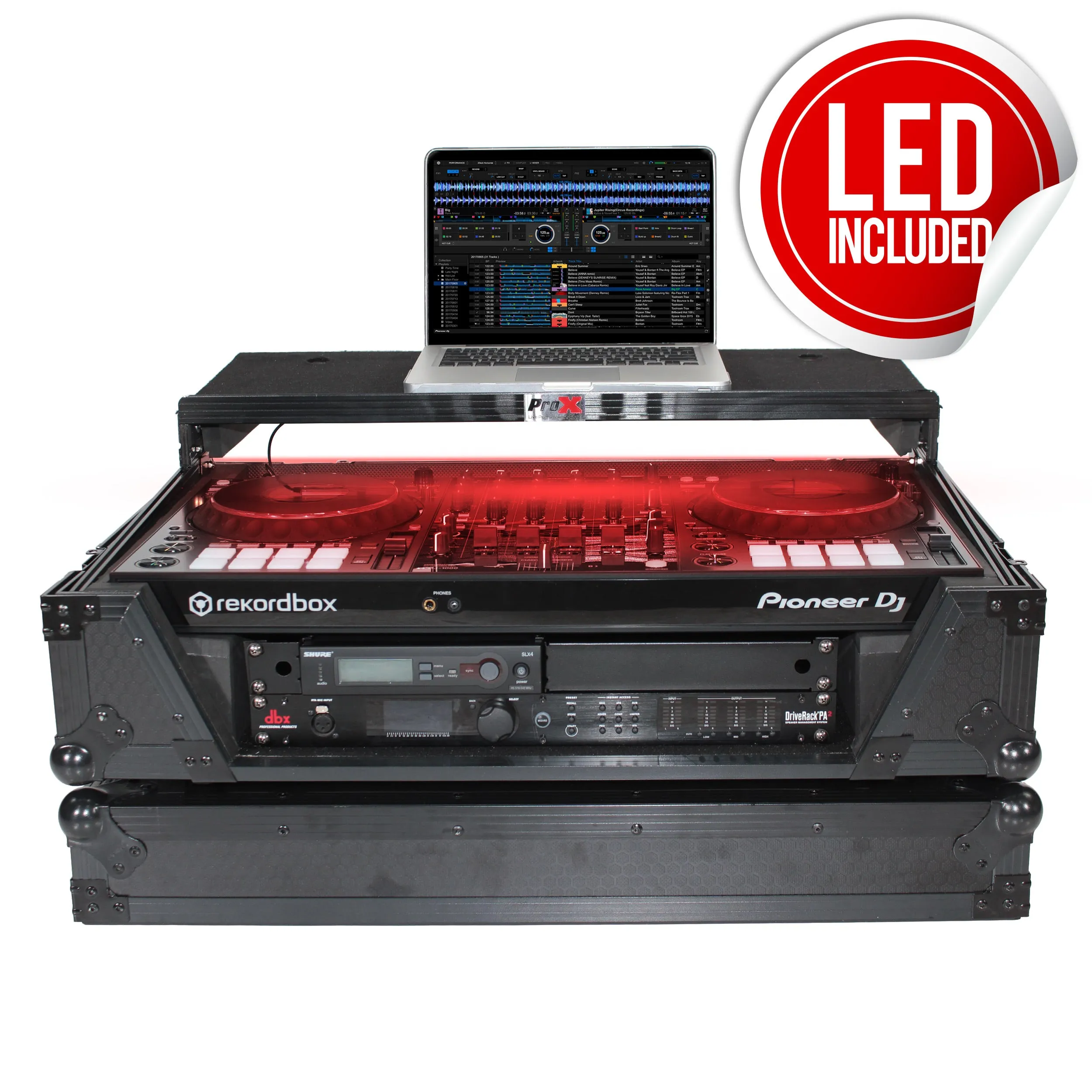 ProX XS-SX1K2UWLTBL LED Flight Case for Pioneer DDJ-1000 / SRT, DDJ-FLX6, and DDJ-SX3. Incl. 2U Rackspace, Laptop Shelf, Wheels | Black/Black