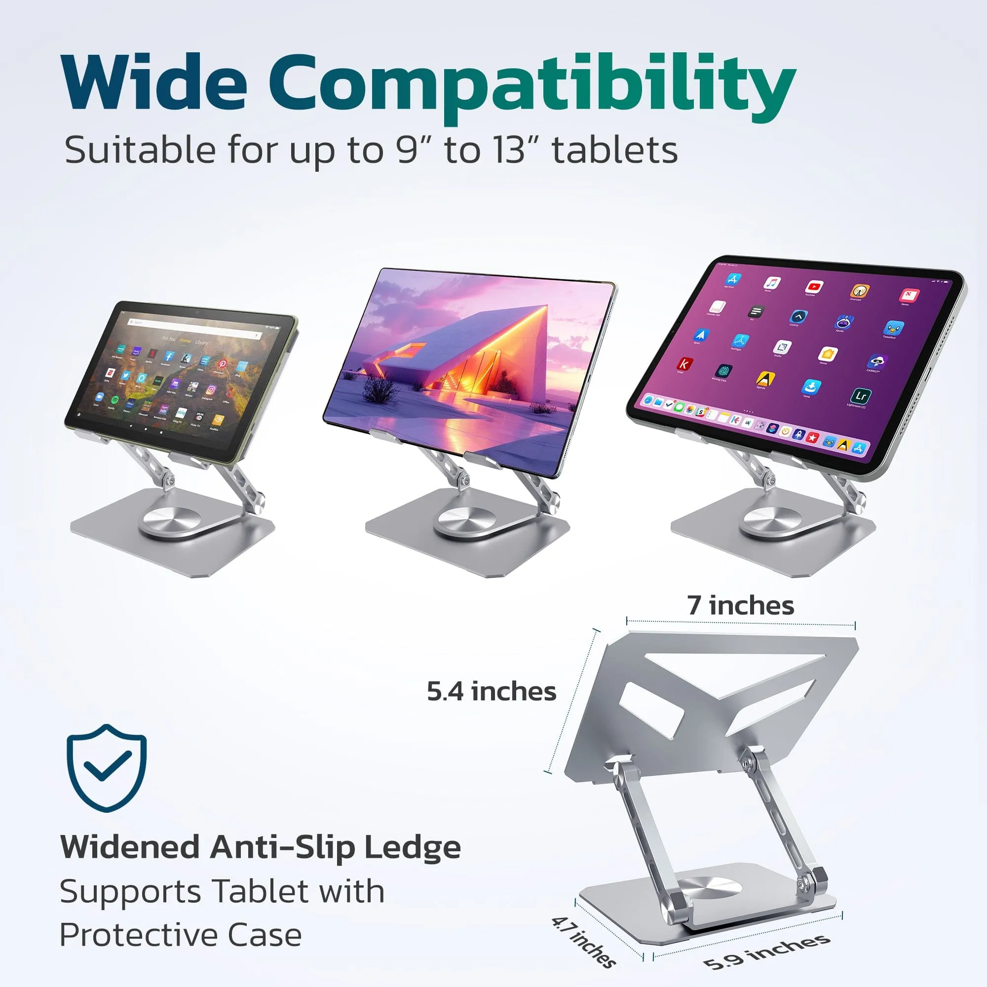 Purely SW60 Swivel Tablet Stand, Aluminum iPad Stand with 360Â° Rotating Base, Adjustable & Foldable Tablet Holder