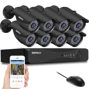SANSCO 1080p FHD CCTV Surveillance Camera System, Smart 8 Channel DVR and (8) HD 2.0MP Indoor Outdoor Bullet Cameras, Improved Night Vision, Instant Mobile APP Access with Email Alerts, No Hard Drive