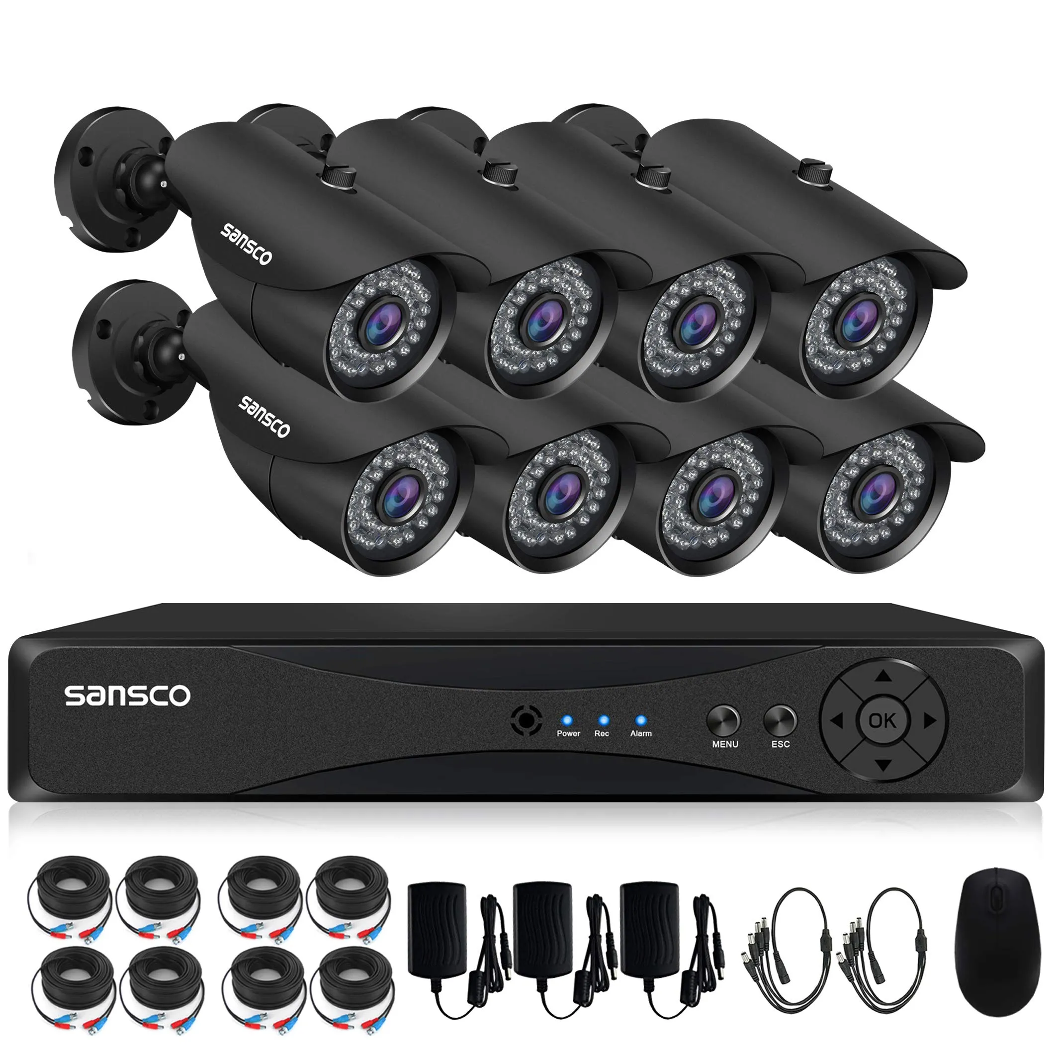 SANSCO 1080p FHD CCTV Surveillance Camera System, Smart 8 Channel DVR and (8) HD 2.0MP Indoor Outdoor Bullet Cameras, Improved Night Vision, Instant Mobile APP Access with Email Alerts, No Hard Drive