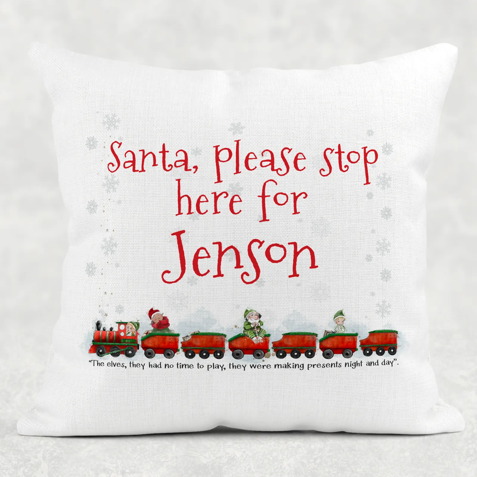 Santa Please Stop Here For Personalised Christmas Train Cushion Cover Linen White Canvas