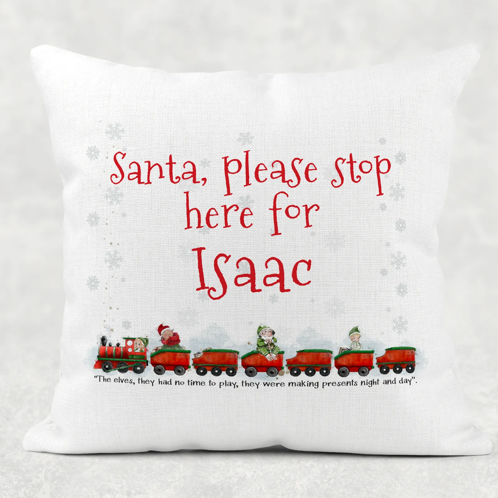 Santa Please Stop Here For Personalised Christmas Train Cushion Cover Linen White Canvas