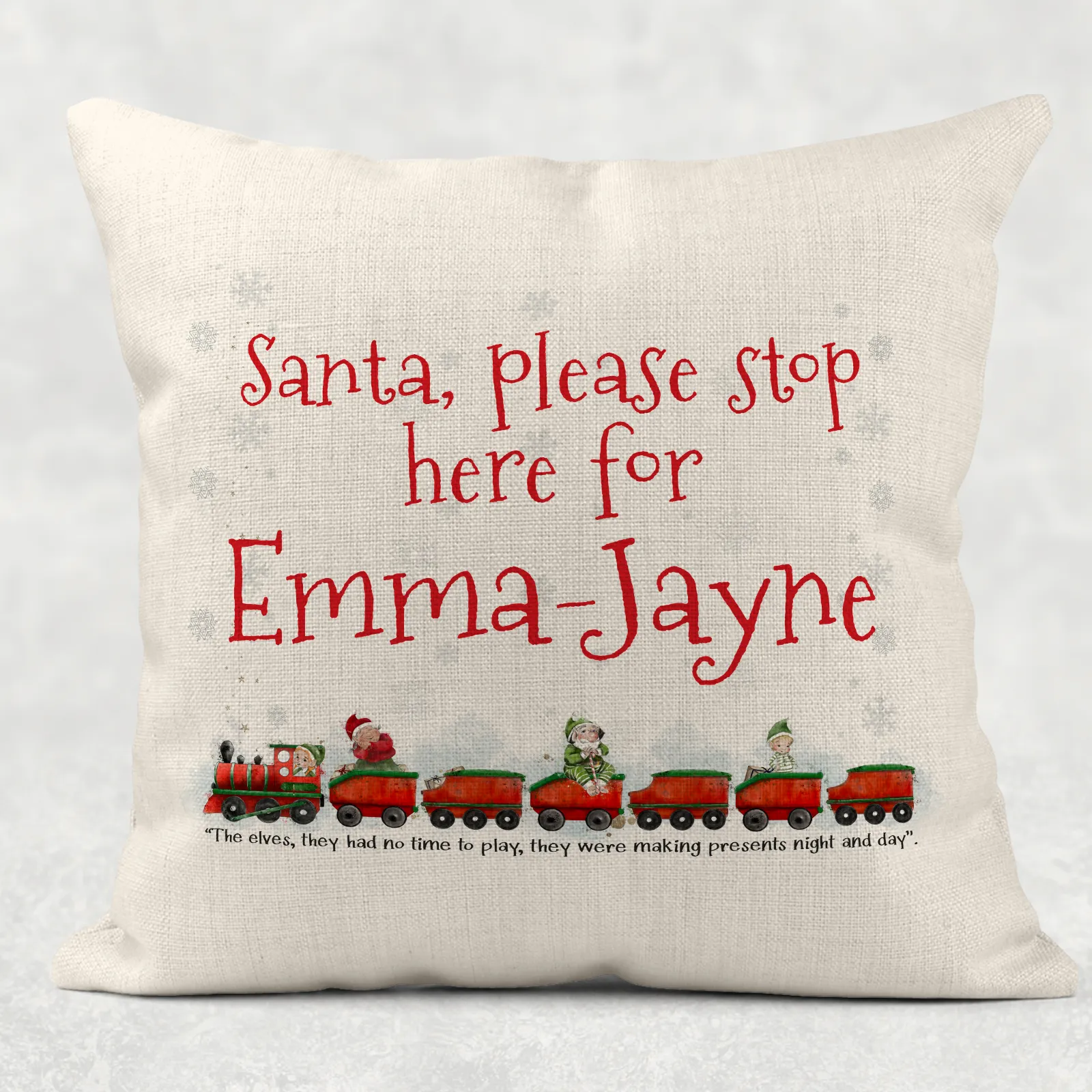 Santa Please Stop Here For Personalised Christmas Train Cushion Cover Linen White Canvas