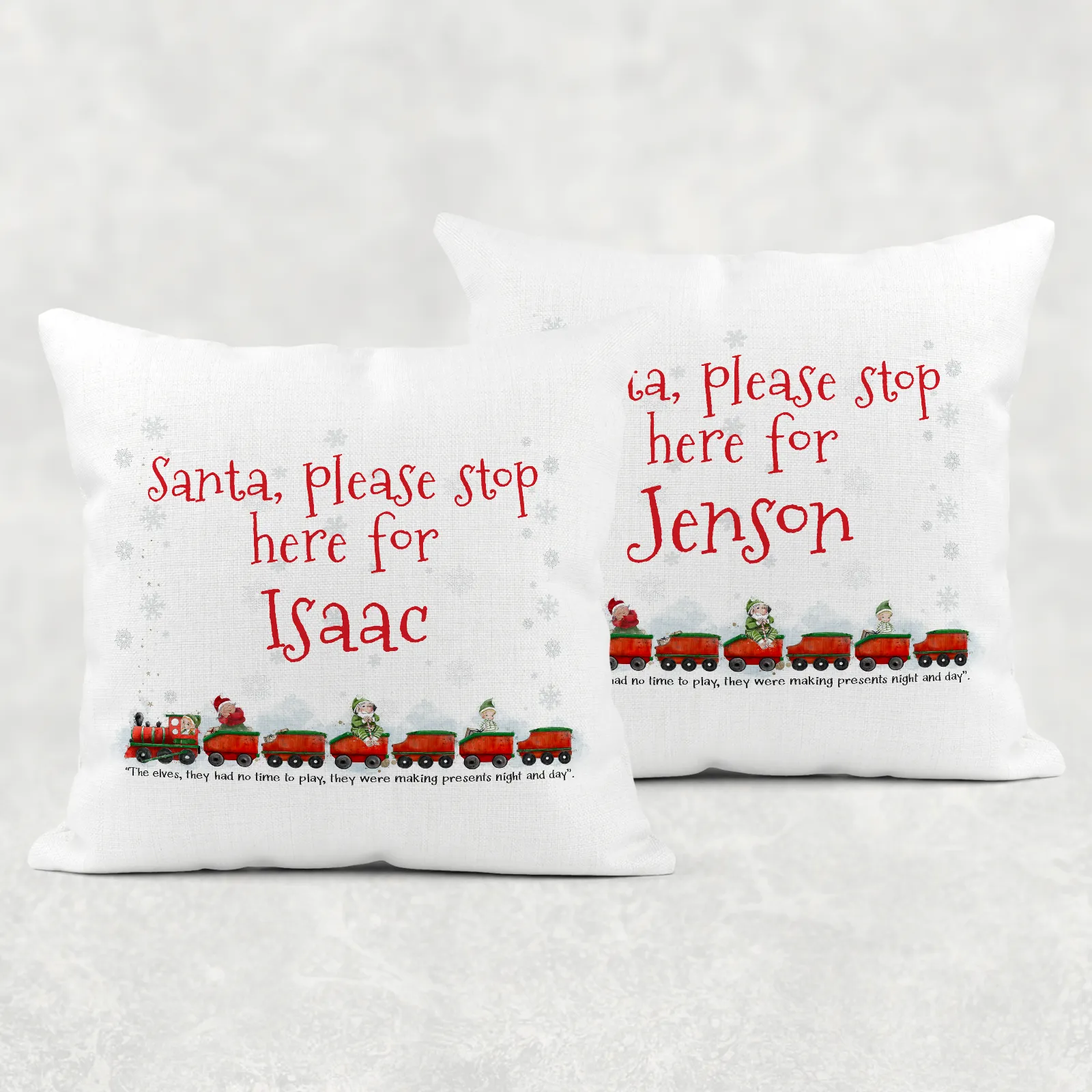 Santa Please Stop Here For Personalised Christmas Train Cushion Cover Linen White Canvas
