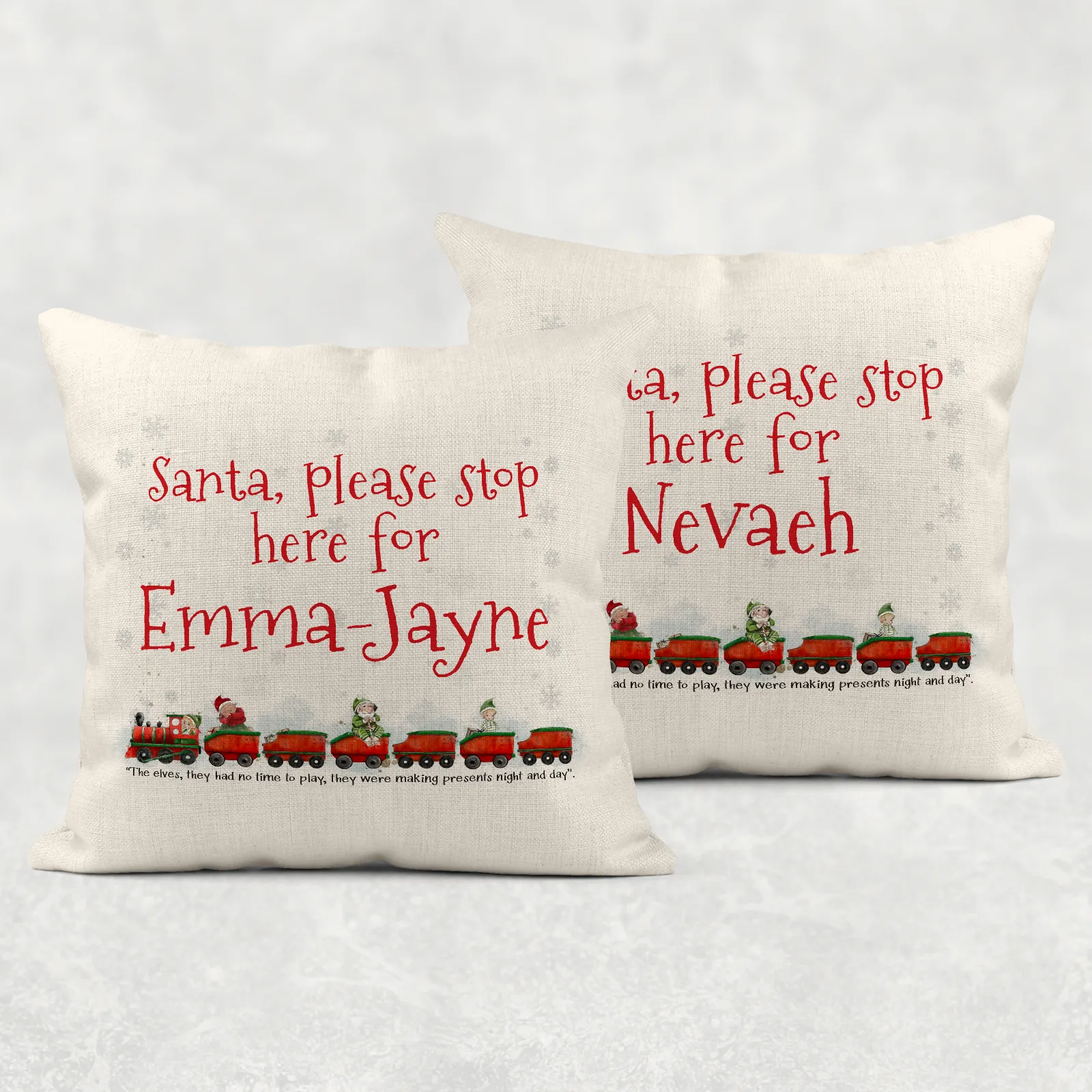 Santa Please Stop Here For Personalised Christmas Train Cushion Cover Linen White Canvas
