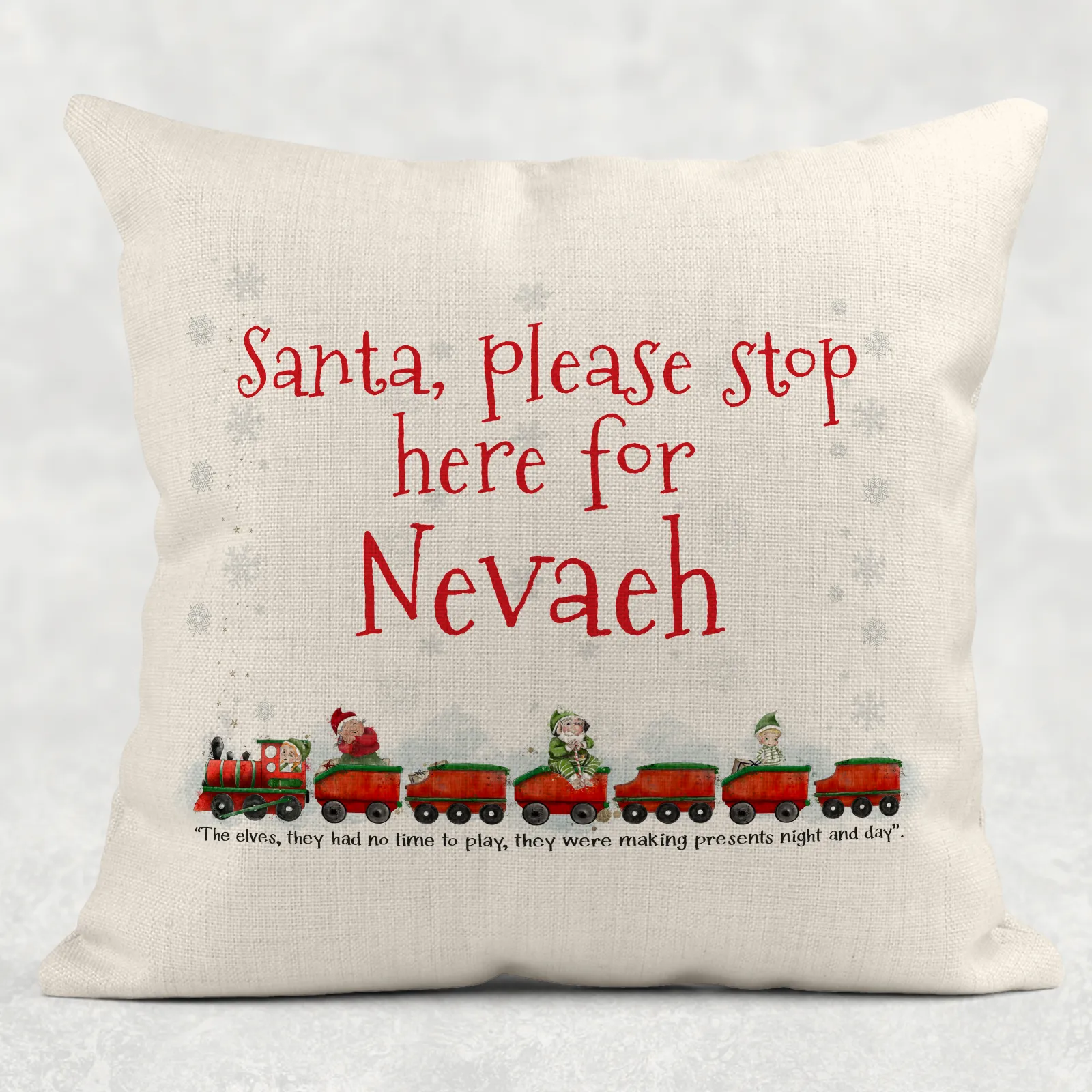 Santa Please Stop Here For Personalised Christmas Train Cushion Cover Linen White Canvas
