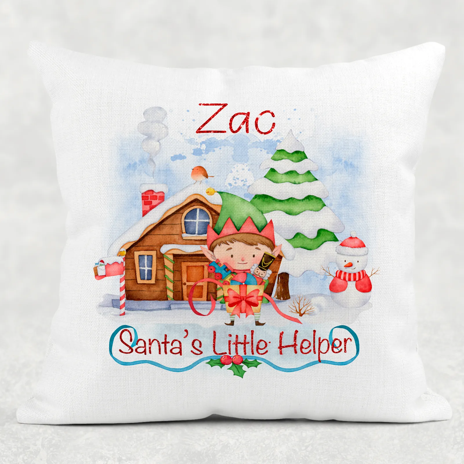 Santa's Little Helper Personalised Christmas Cushion Cover Linen White Canvas