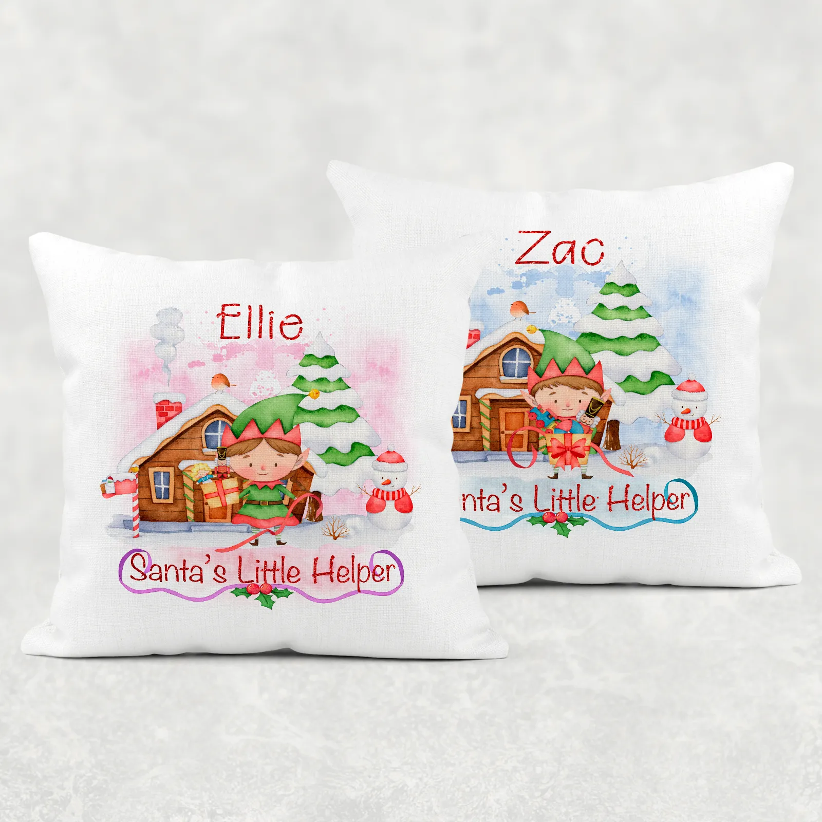 Santa's Little Helper Personalised Christmas Cushion Cover Linen White Canvas
