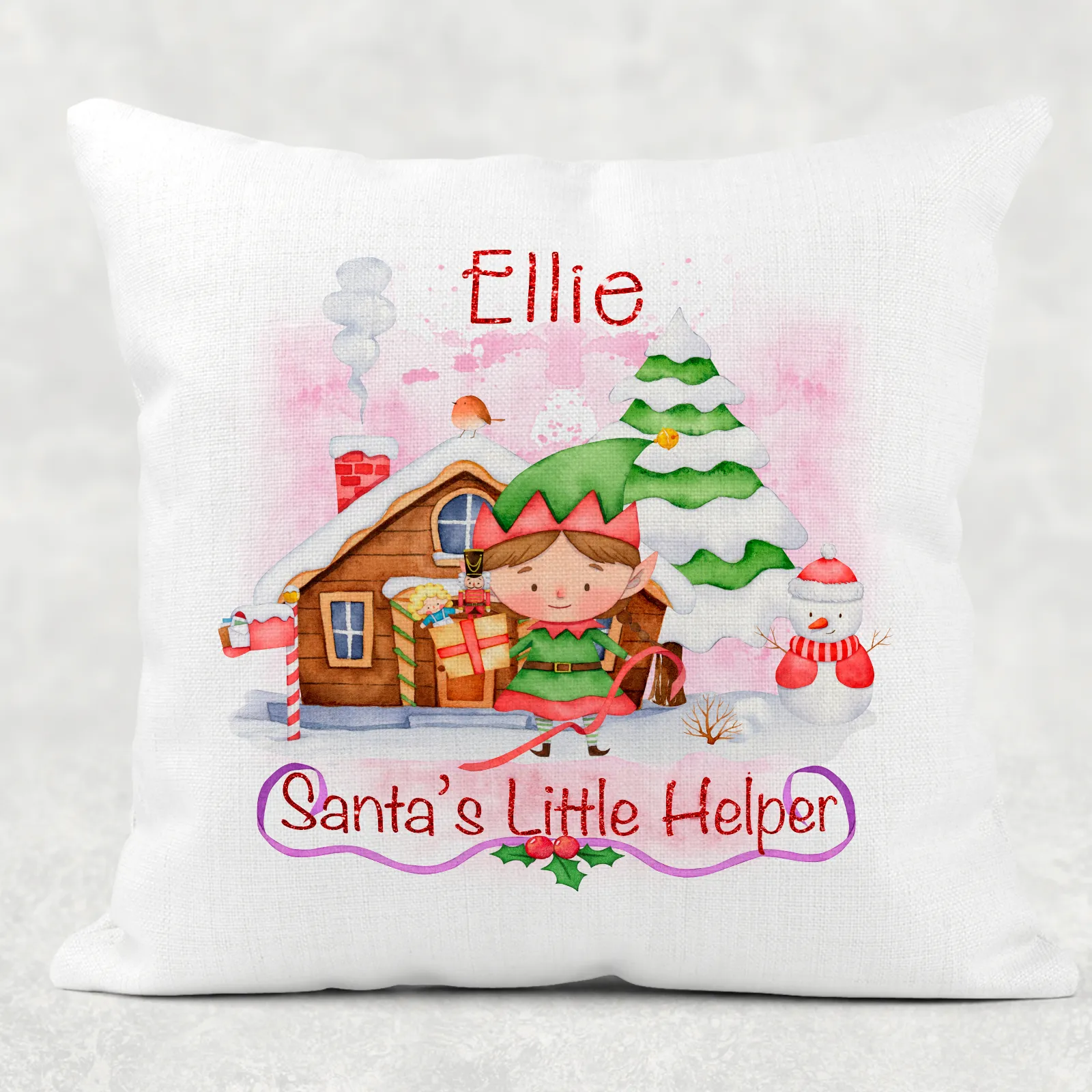 Santa's Little Helper Personalised Christmas Cushion Cover Linen White Canvas