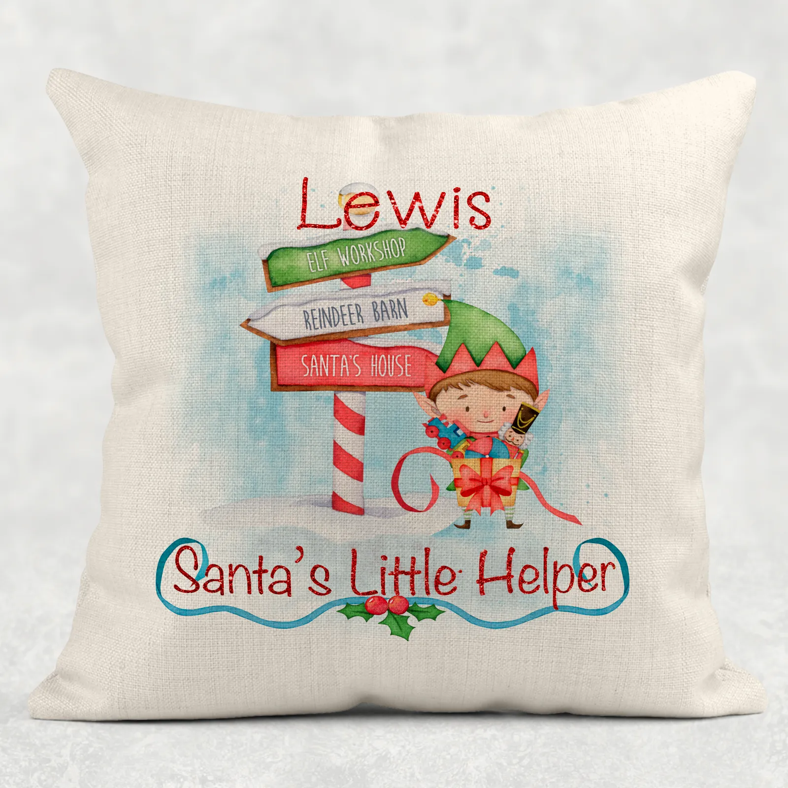Santa's Little Helper Personalised Christmas Cushion Cover Linen White Canvas