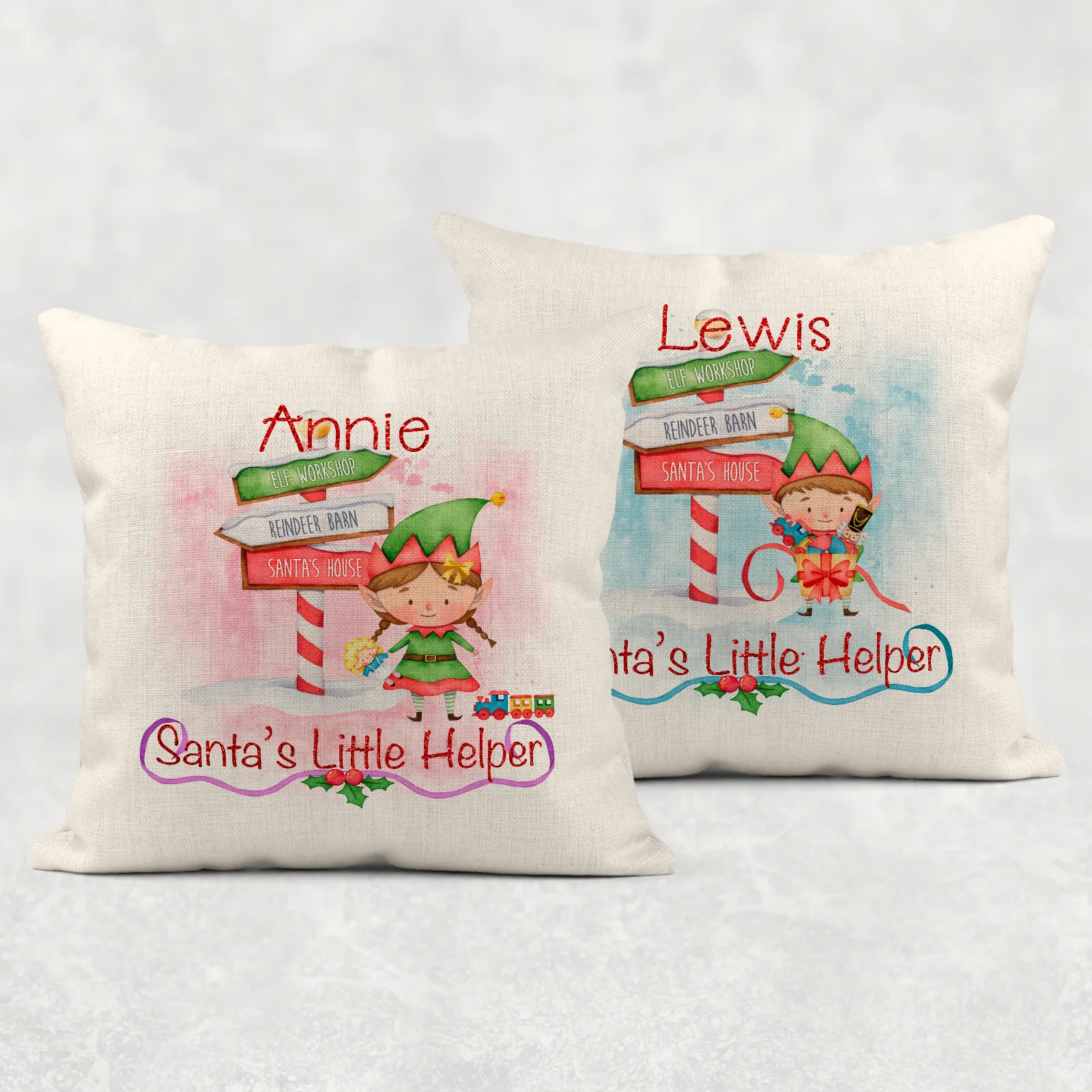 Santa's Little Helper Personalised Christmas Cushion Cover Linen White Canvas