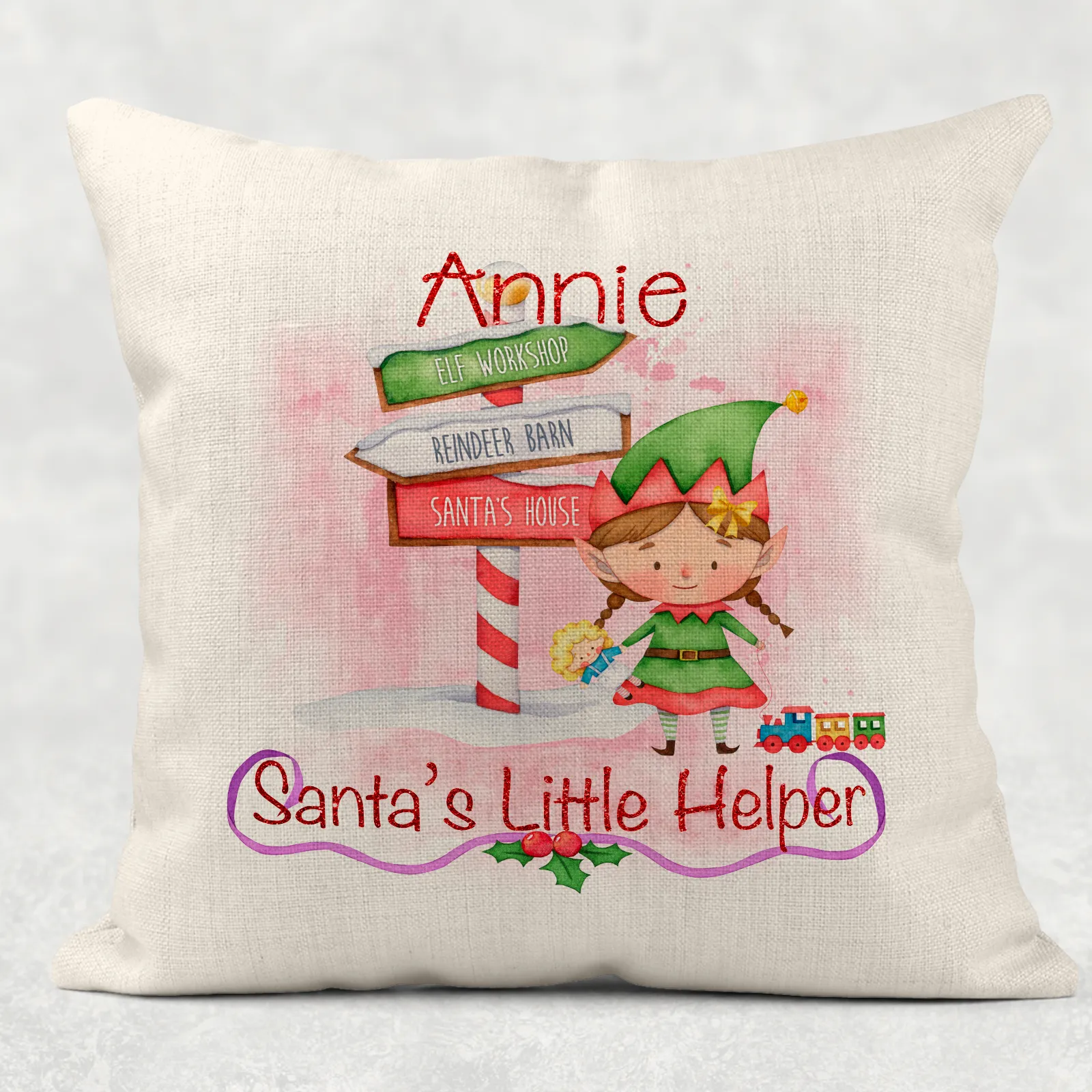 Santa's Little Helper Personalised Christmas Cushion Cover Linen White Canvas