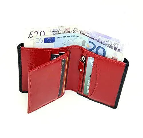 STARHIDE Minimalist Mens RFID Blocking Genuine VT Leather Wallet with Zip Coin Pouch 815 Black Red