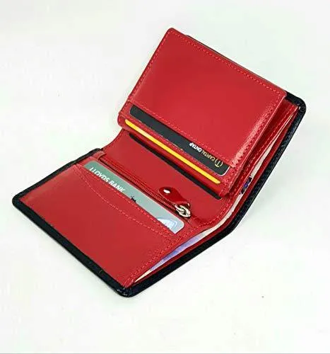 STARHIDE Minimalist Mens RFID Blocking Genuine VT Leather Wallet with Zip Coin Pouch 815 Black Red