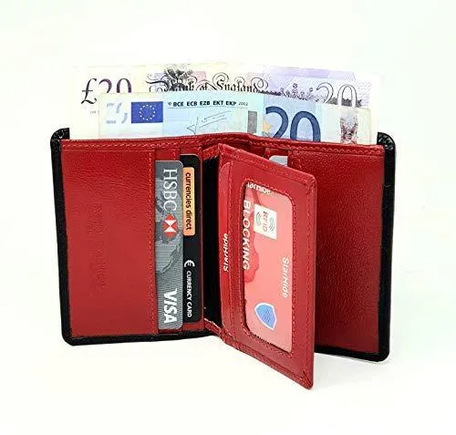 STARHIDE Minimalist Mens RFID Blocking Genuine VT Leather Wallet with Zip Coin Pouch 815 Black Red