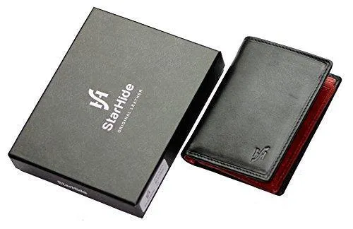 STARHIDE Minimalist Mens RFID Blocking Genuine VT Leather Wallet with Zip Coin Pouch 815 Black Red