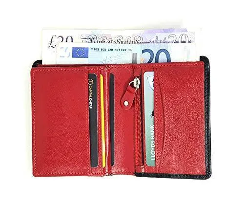 STARHIDE Minimalist Mens RFID Blocking Genuine VT Leather Wallet with Zip Coin Pouch 815 Black Red