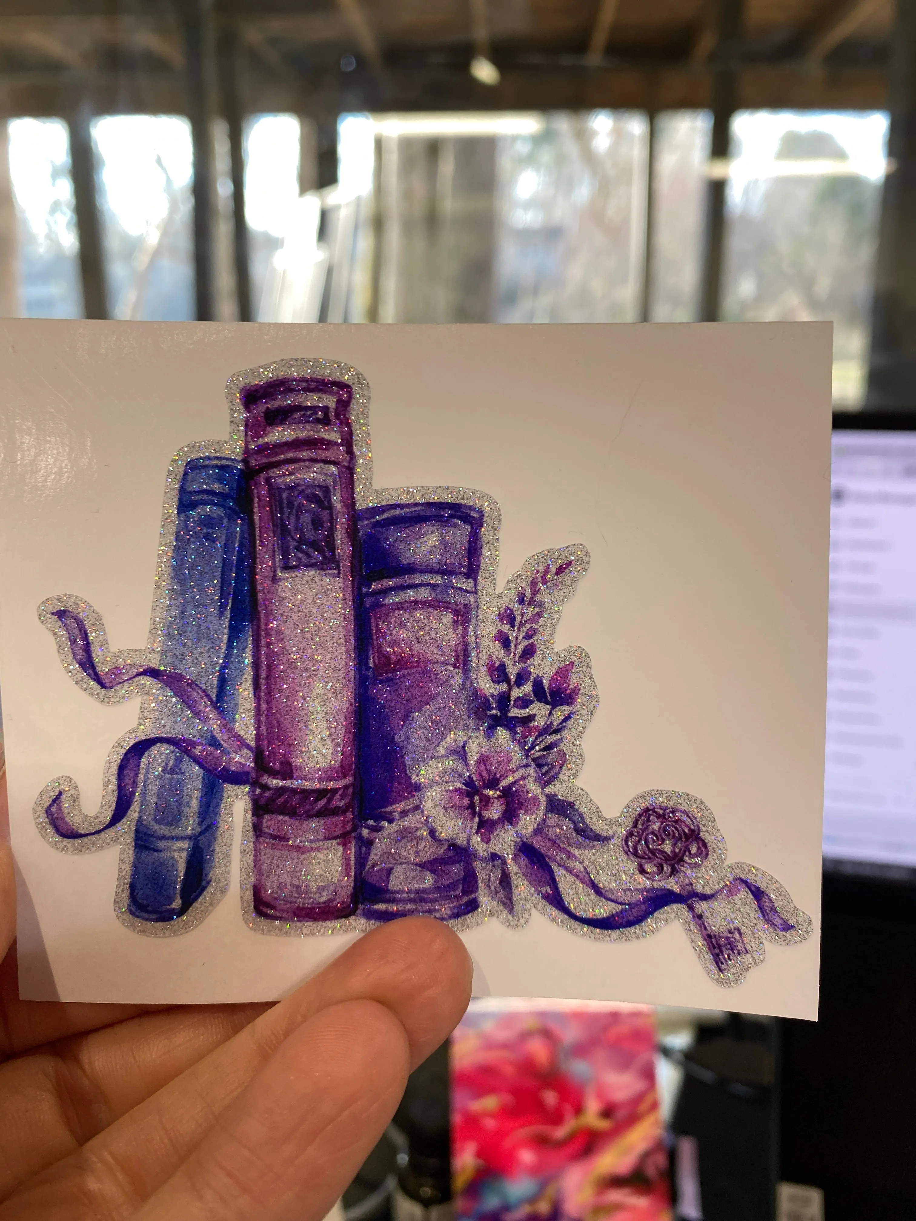 Sticker | 13F | Purple Books | Waterproof Vinyl Sticker | White | Clear | Permanent | Removable | Window Cling | Glitter | Holographic