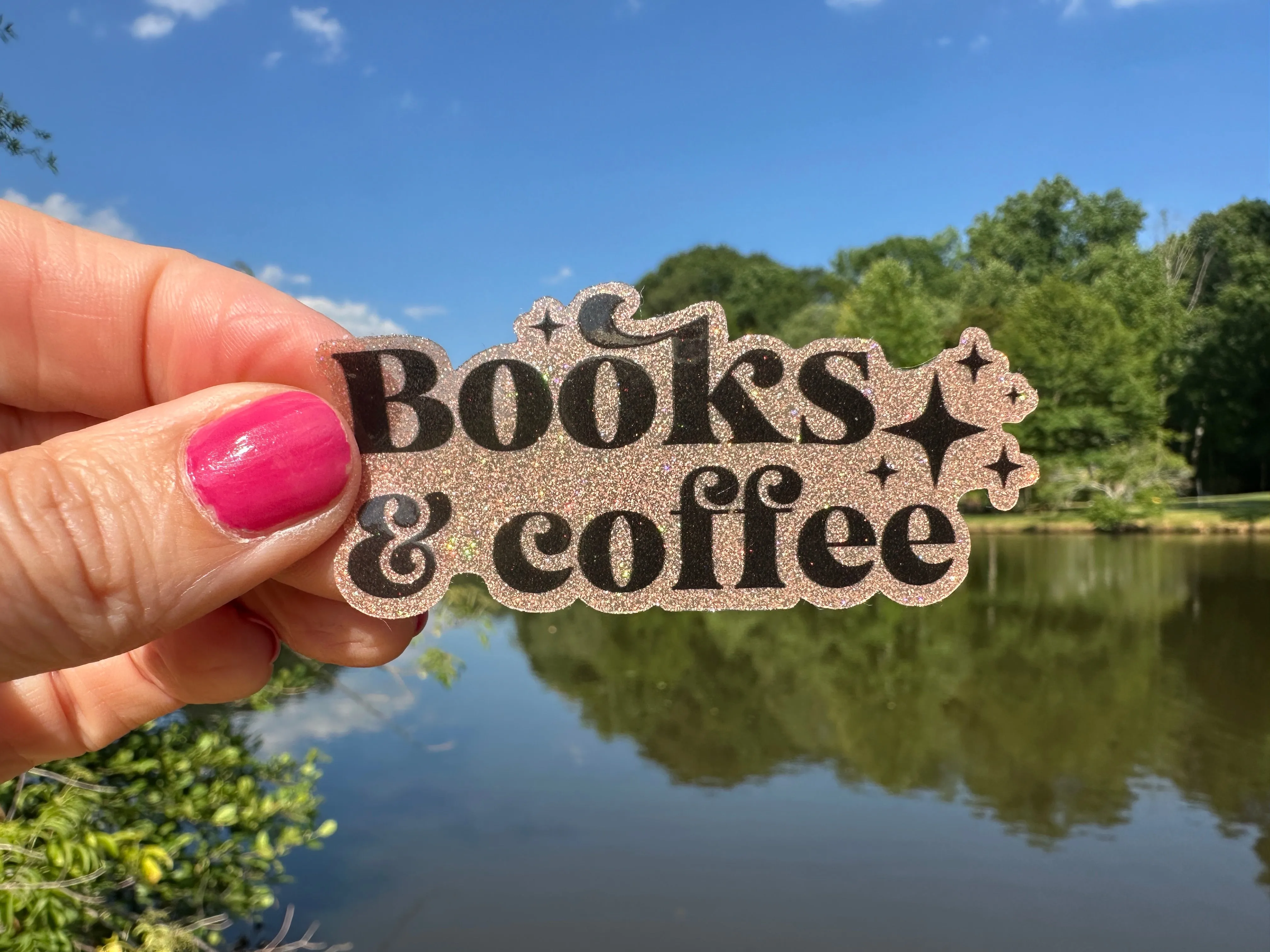 Sticker | 72A | Books and Coffee | Waterproof Vinyl Sticker | White | Clear | Permanent | Removable | Window Cling | Glitter | Holographic