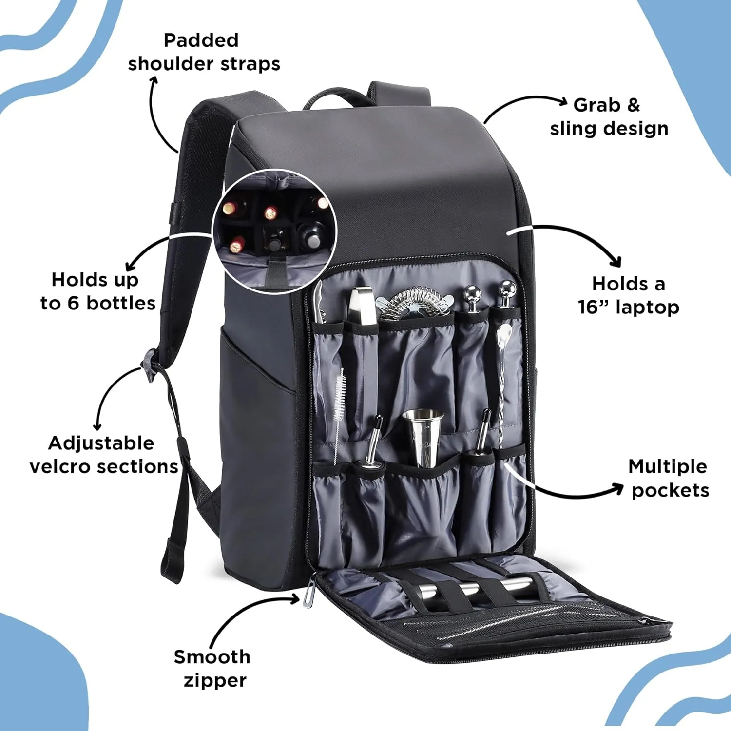 TEAVAS Travel Bartender Bag - Bar & Wine Tools Carrying Backpack with Padded Compartments & Shoulder Strap - Waterproof Bar Bag for Mixologists, Cocktail Making, Indoor, Outdoor, Patio, Work & Party