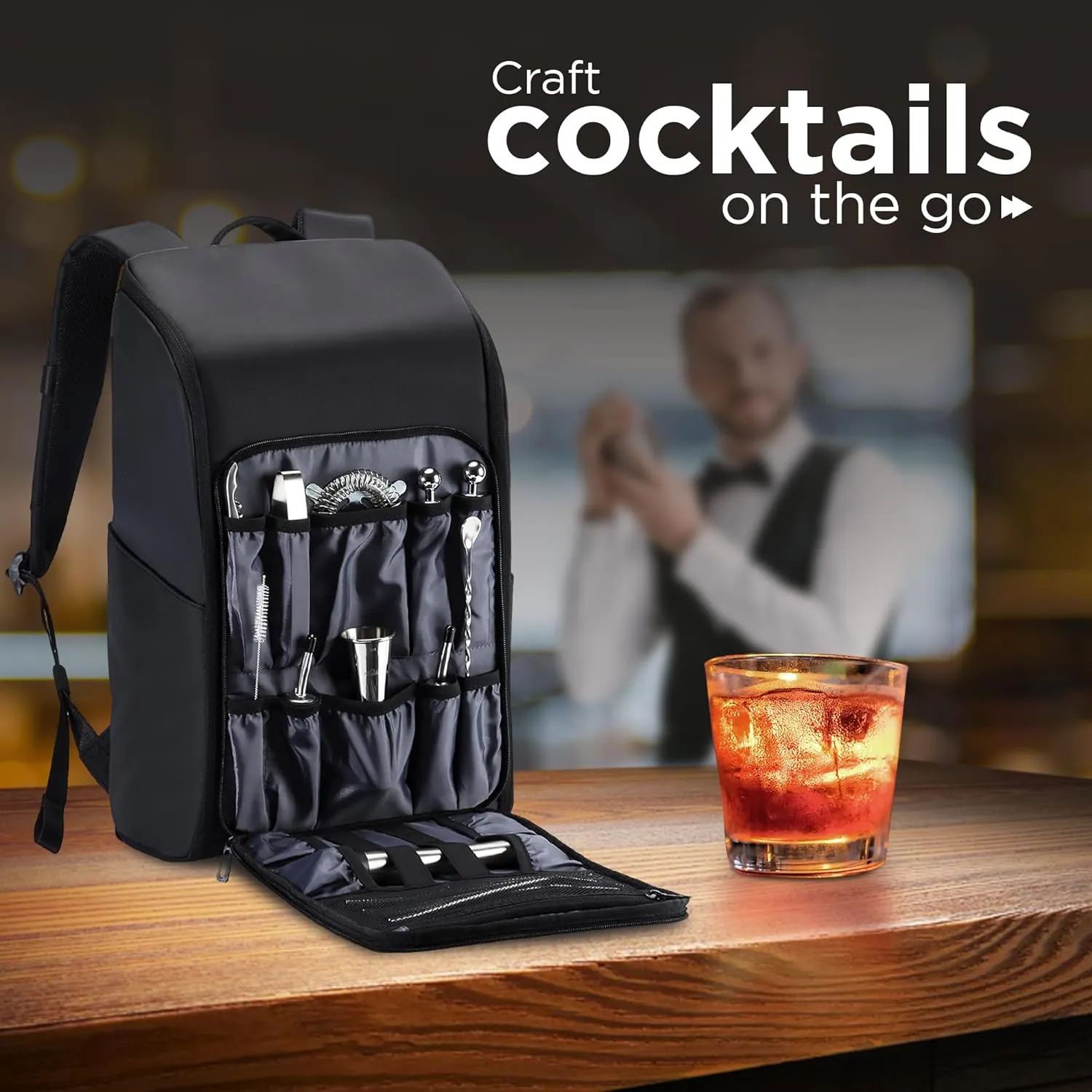 TEAVAS Travel Bartender Bag - Bar & Wine Tools Carrying Backpack with Padded Compartments & Shoulder Strap - Waterproof Bar Bag for Mixologists, Cocktail Making, Indoor, Outdoor, Patio, Work & Party