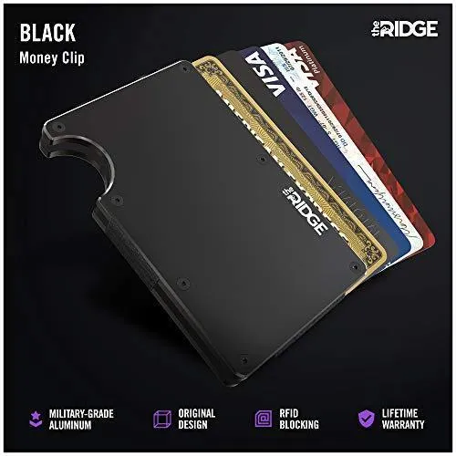 The Ridge Slim Minimalist Front Pocket RFID Blocking Metal Wallets for Men with Money Clip (Black)