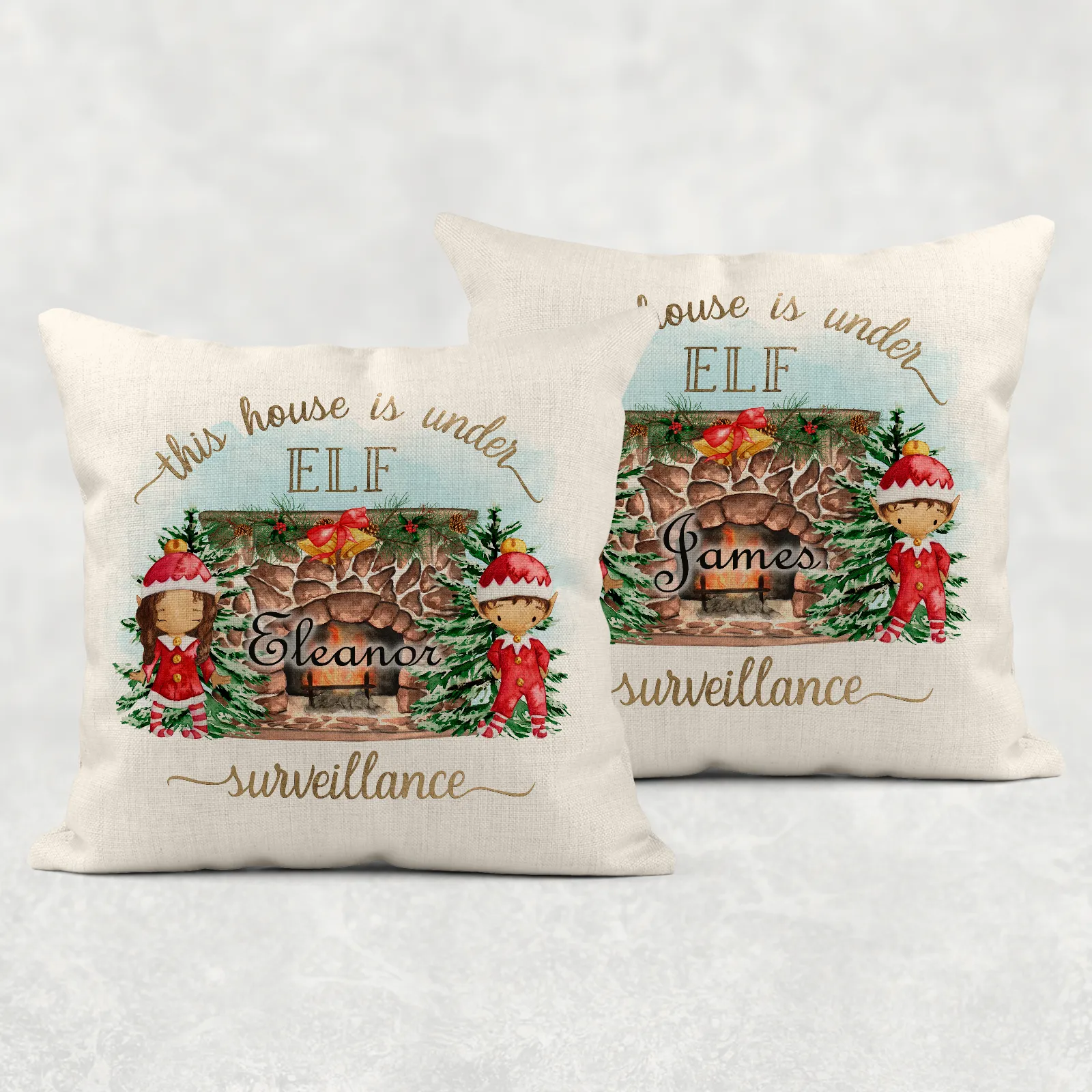 This House is Under Elf Surveillance Personalised Christmas Cushion Cover Linen White Canvas