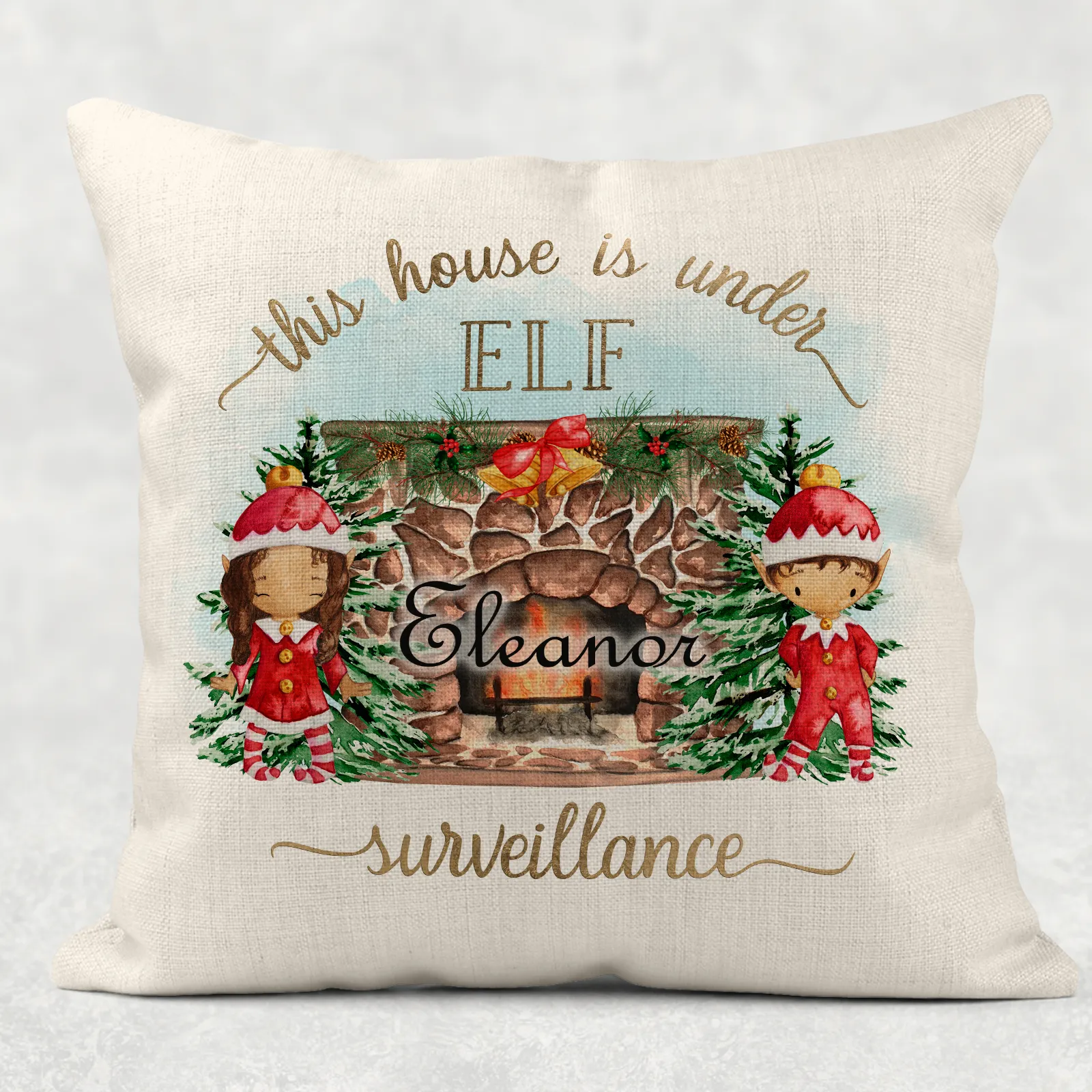 This House is Under Elf Surveillance Personalised Christmas Cushion Cover Linen White Canvas