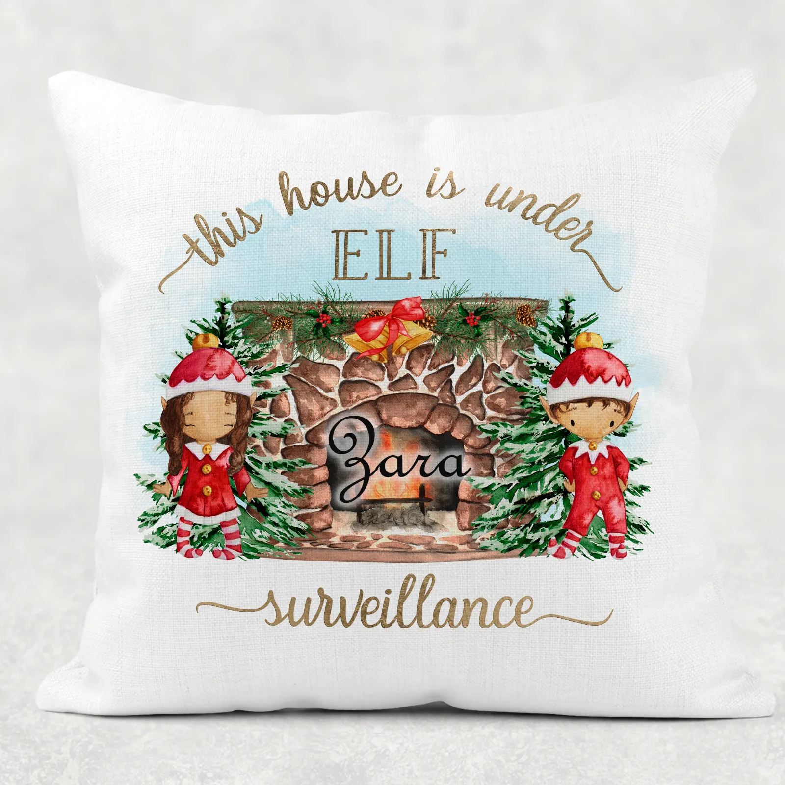 This House is Under Elf Surveillance Personalised Christmas Cushion Cover Linen White Canvas