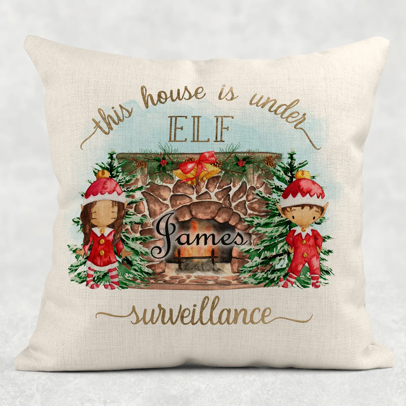 This House is Under Elf Surveillance Personalised Christmas Cushion Cover Linen White Canvas