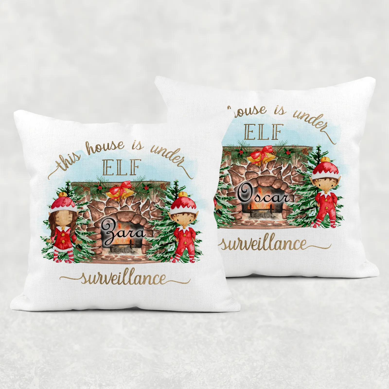 This House is Under Elf Surveillance Personalised Christmas Cushion Cover Linen White Canvas