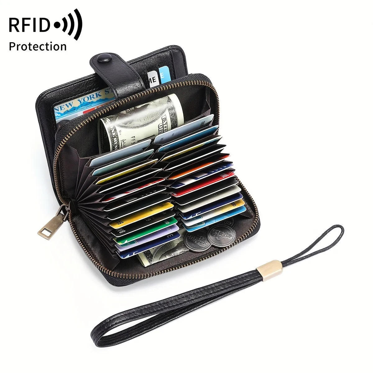 Uakiss RFID Blocking Women's Wallet With Multiple Card Slots And Wrist Strap, Stylish Zipper Credit Card Holder