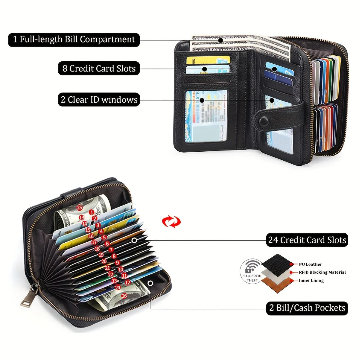 Uakiss RFID Blocking Women's Wallet With Multiple Card Slots And Wrist Strap, Stylish Zipper Credit Card Holder