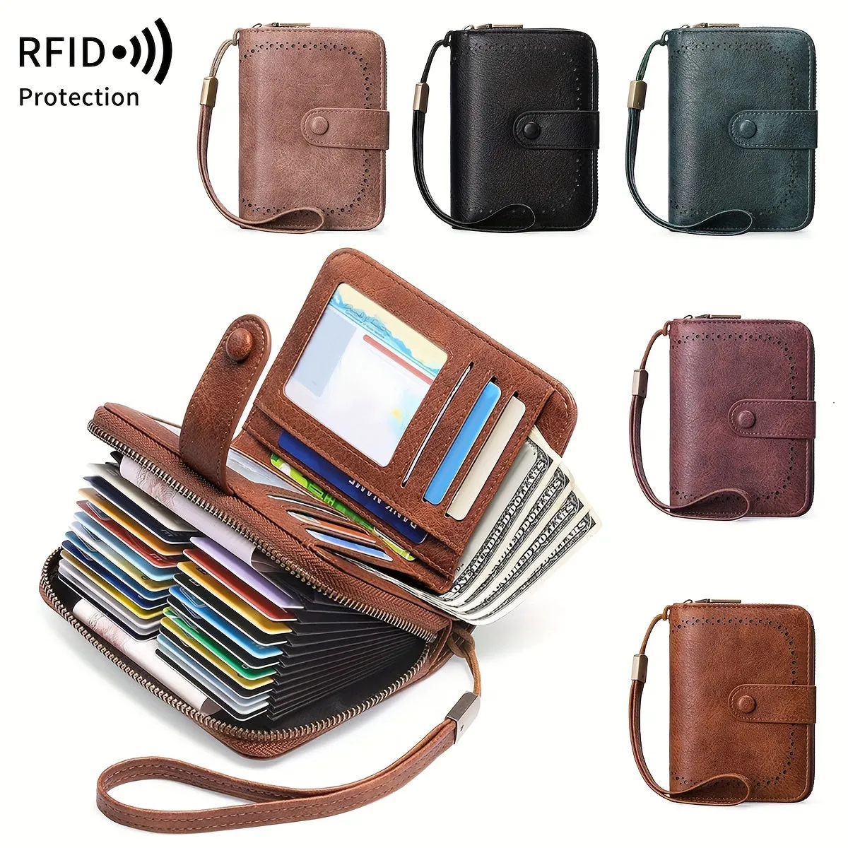 Uakiss RFID Blocking Women's Wallet With Multiple Card Slots And Wrist Strap, Stylish Zipper Credit Card Holder
