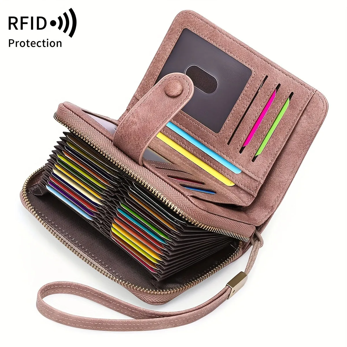 Uakiss RFID Blocking Women's Wallet With Multiple Card Slots And Wrist Strap, Stylish Zipper Credit Card Holder