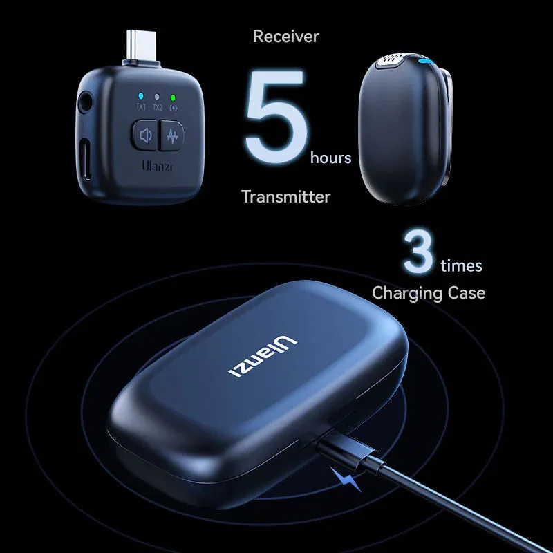 Ulanzi A30 TinyMic Wireless Lavalier Microphone 2TX 1RX (USB-C Version) 2-Person Mic Transmitters & Type C Receiver with 5 20-Hrs Battery Life with Charging Case for iPhone 16/15 Plus Pro Max & Android Smartphones | A014GBB1