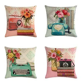Willing Life Vintage Rustic Floral Pillow Covers 18x18 Set of 4 for Girl Room Decor Radio Phone Flower Cushion Case Decorative Throw Pillows Farmhouse Holiday Decoration for Couch